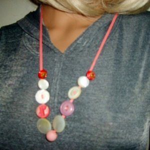 Cute Necklace Vintage Buttons Pink/Purple/Cream On Narrow Pink Ribbon Handmade